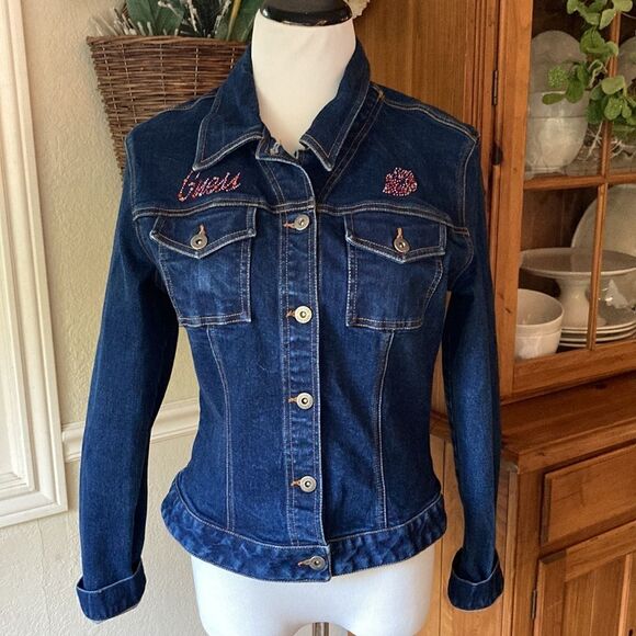 Vintage Y2K Guess Premium Denim Cropped Dark Wash Jean Jacket - Picture 1 of 13